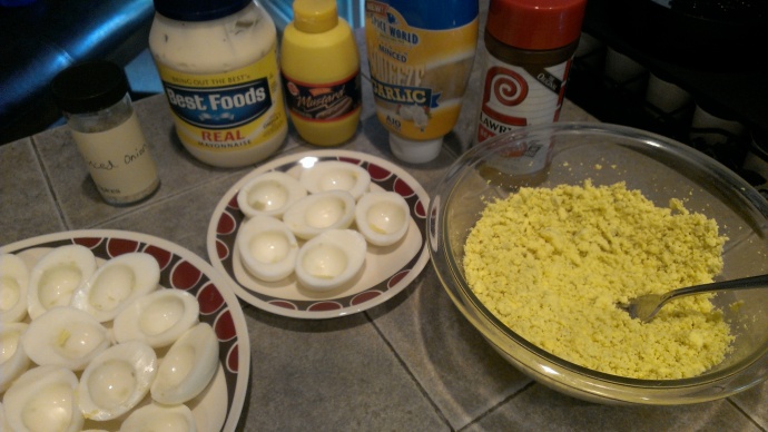 Ingredients for deviled eggs.