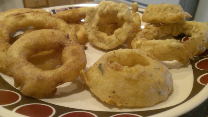 L to R: Tara's onion rings, Mark's onion rings. 