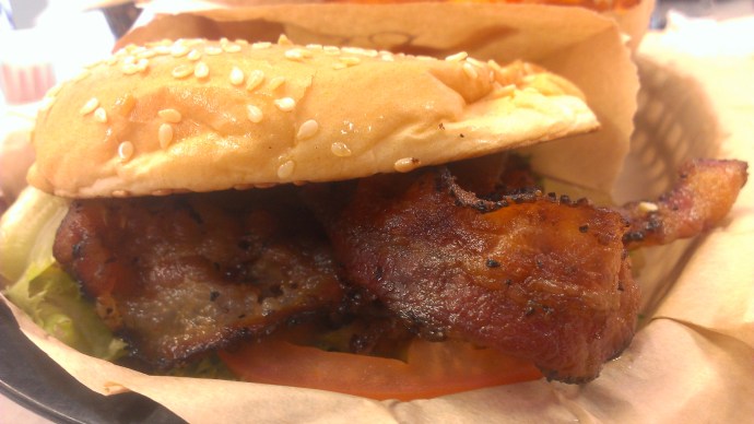 Can't see the cheese because of the bacon, but it's in there, folks! 